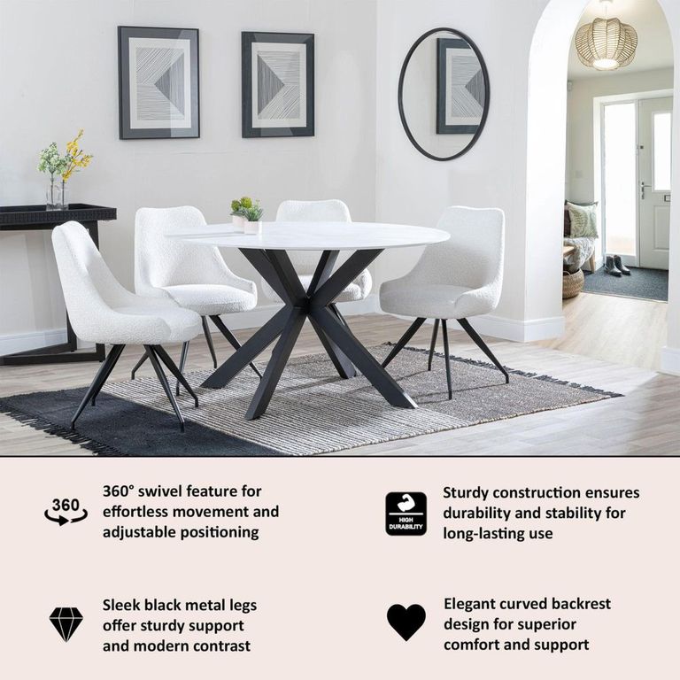 Arctic Cream Boucle Fabric Swivel Dining Chair with Black Legs