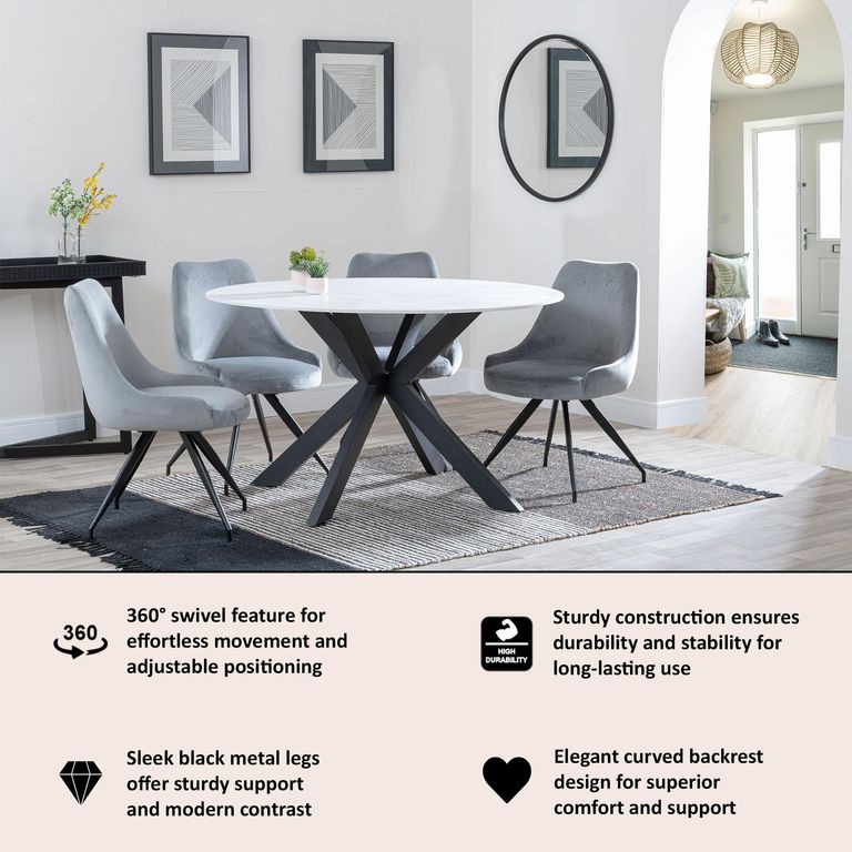 Arctic Grey Velvet Fabric Swivel Dining Chair with Black Legs