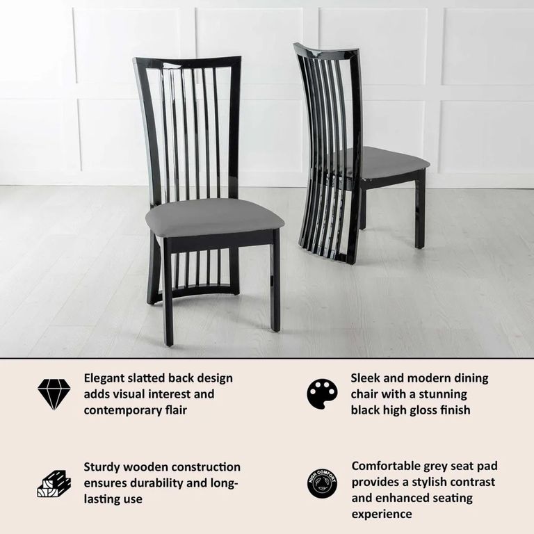 Athena Black High Gloss Slatted Back Dining Chair with Grey Seat Pads