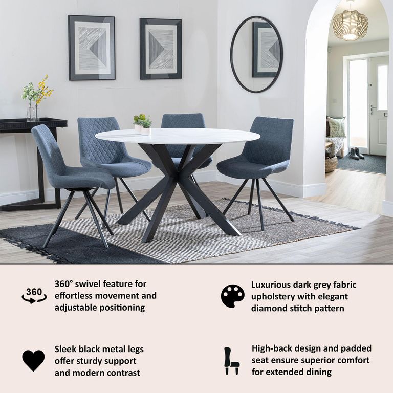 Boden Dark Grey Fabric Swivel Dining Chair with Black Legs