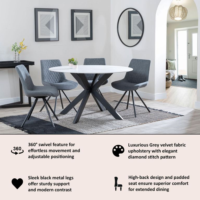 Boden Grey Fabric Swivel Dining Chair with Black Legs