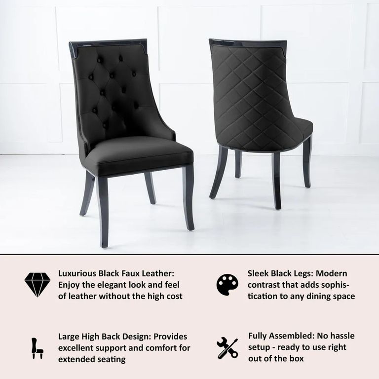 Carmela Black Leather Large High Back Dining Chair with Black Legs