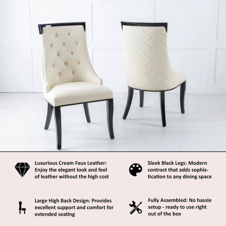 Carmela Cream Leather Large High Back Dining Chair with Black Legs