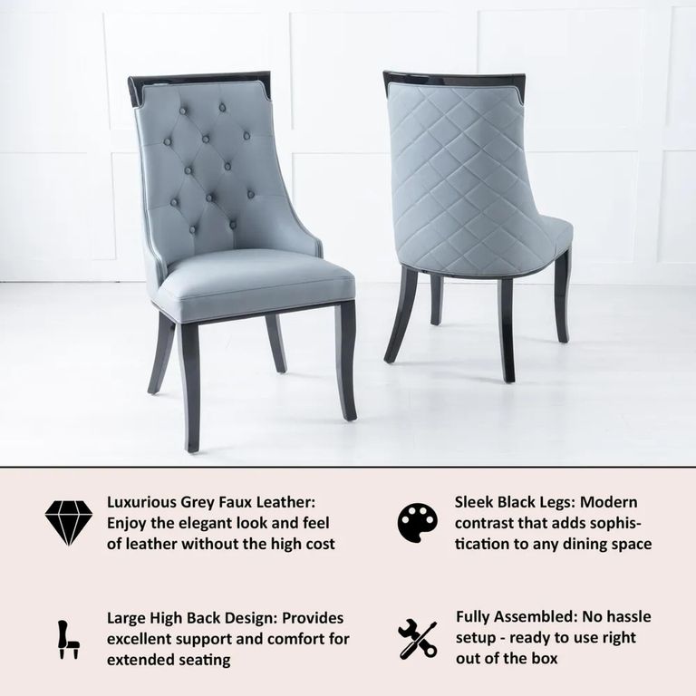 Carmela Grey Leather Large High Back Dining Chair with Black Legs