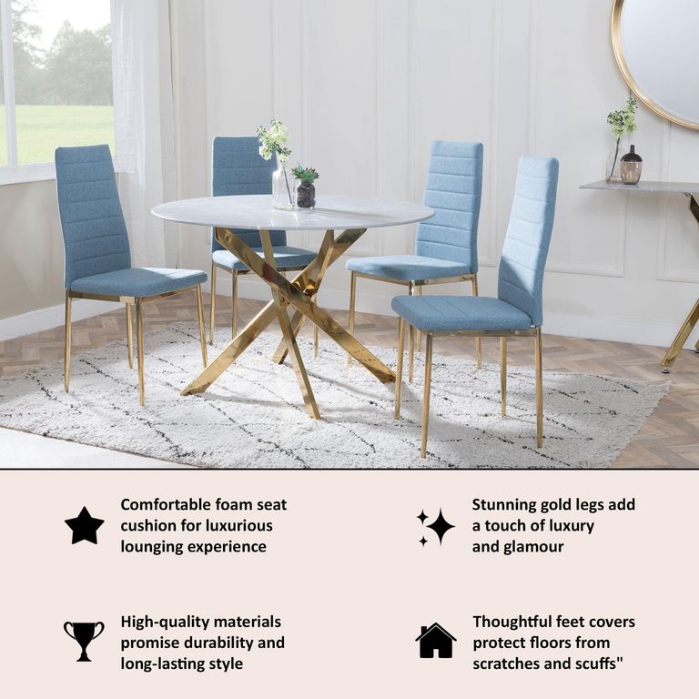 Clearance - Lido Dining Chair in Blue Colour Fabric with Gold Legs