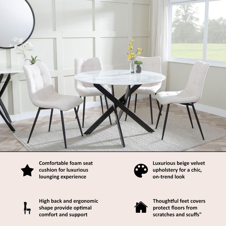 Corona Dining Chairs in Beige Colour Fabric and Black Metal Legs