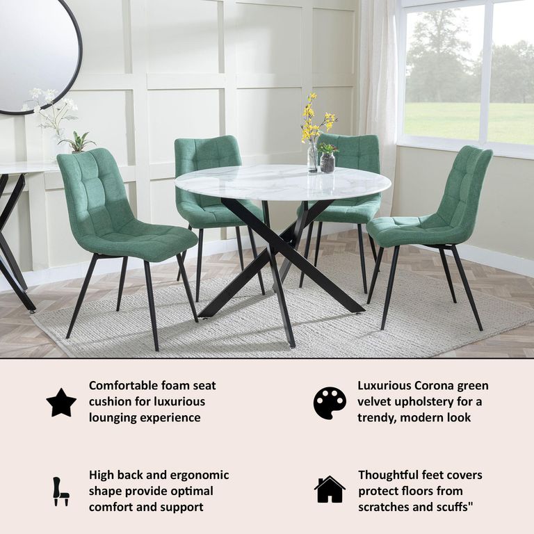 Corona Dining Chairs in Green Colour Fabric and Black Metal Legs