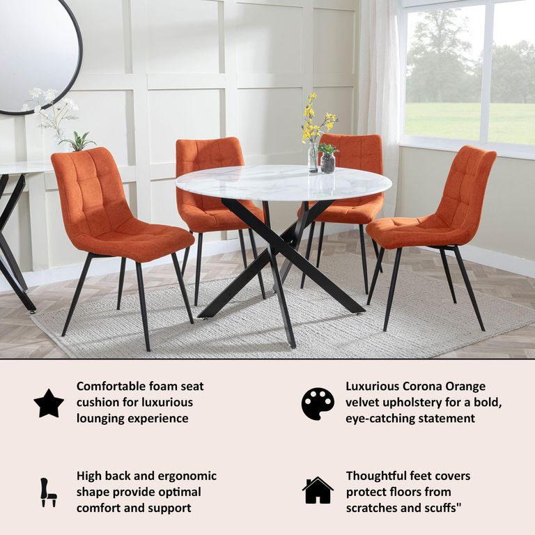 Corona Dining Chairs in Orange Colour Fabric and Black Metal Legs