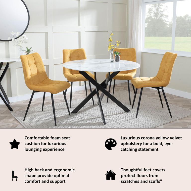 Corona Dining Chairs in Yellow Colour Fabric and Black Metal Legs