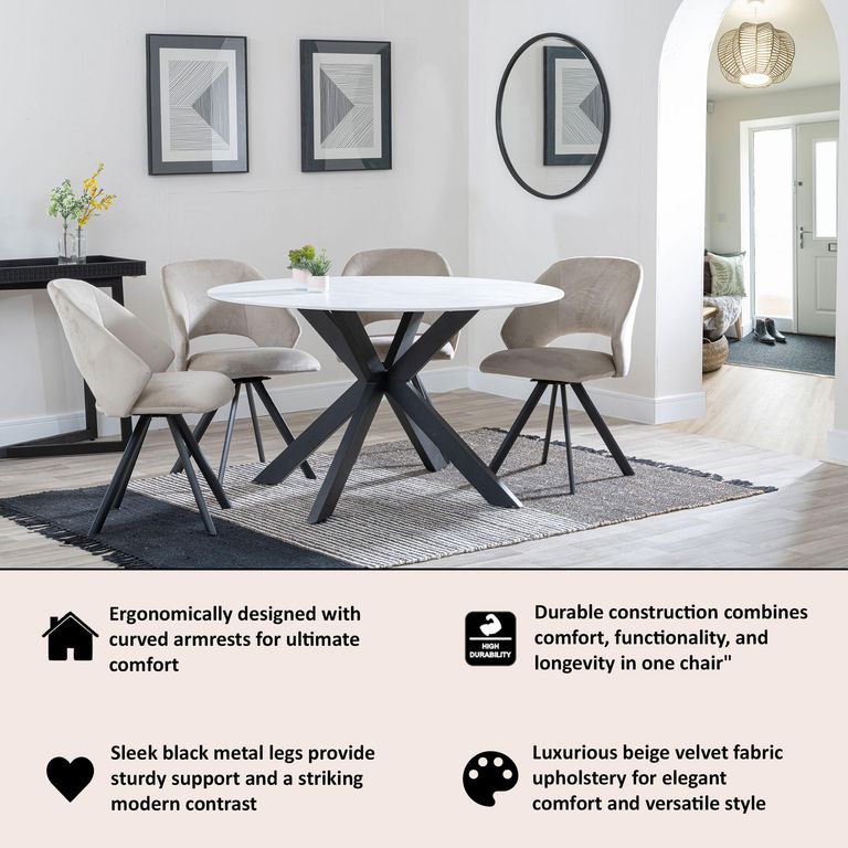 Ion Beige Velvet Fabric Swivel Dining Chair with Black Legs