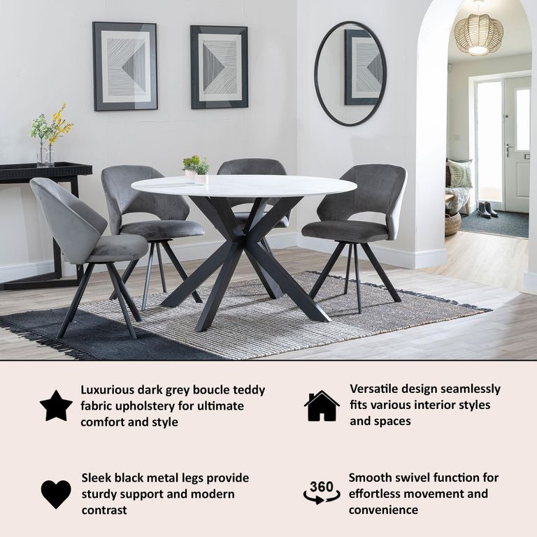 Ion Dark Grey Velvet Fabric Swivel Dining Chair with Black Legs
