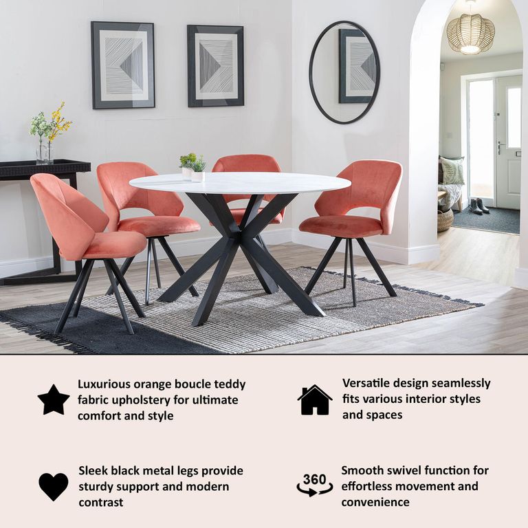 Ion Orange Velvet Fabric Swivel Dining Chair with Black Legs