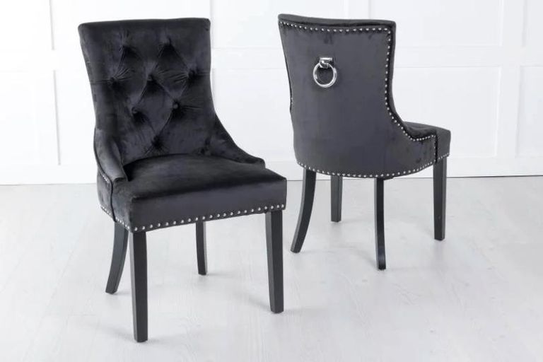 Knocker Back Black Velvet Fabric Dining Chair with Black Wooden Legs