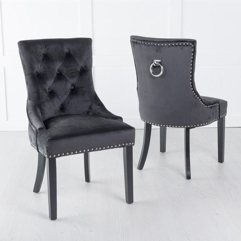 Knocker Back Black Velvet Fabric Dining Chair with Black Wooden Legs