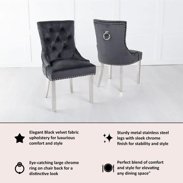 Knocker Back Black Velvet Fabric Dining Chair with Chrome Legs