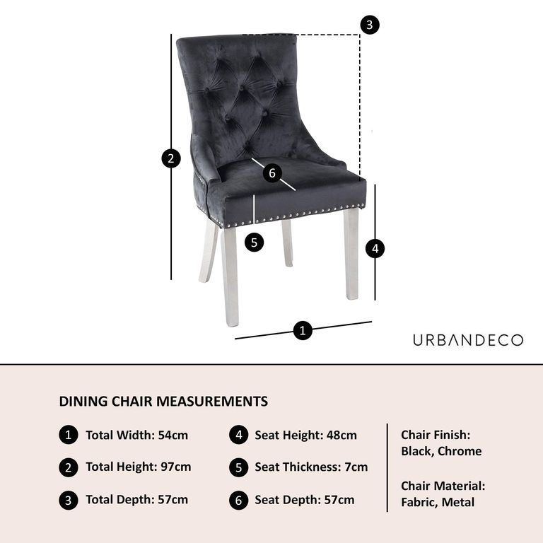 Knocker Back Black Velvet Fabric Dining Chair with Chrome Legs