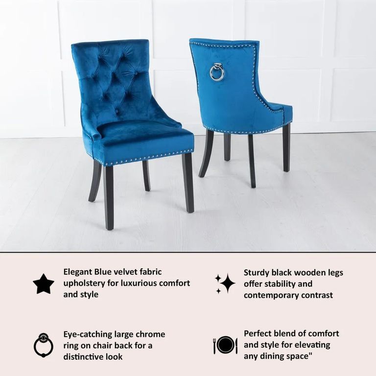 Knocker Back Blue Velvet Fabric Dining Chair with Black Wooden Legs