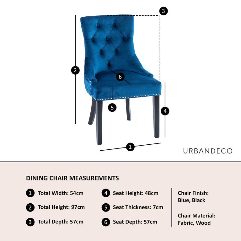 Knocker Back Blue Velvet Fabric Dining Chair with Black Wooden Legs