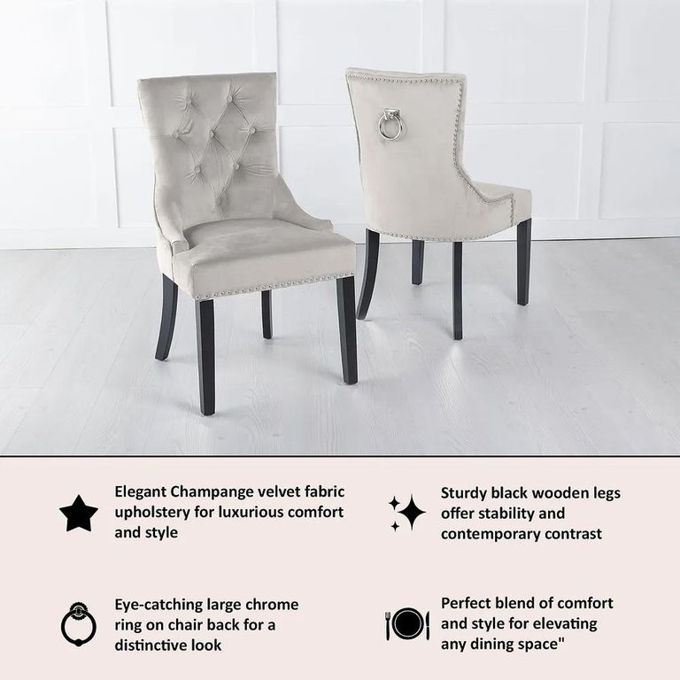 Knocker Back Champagne Dining Chair Velvet Fabric with Black Wooden Legs
