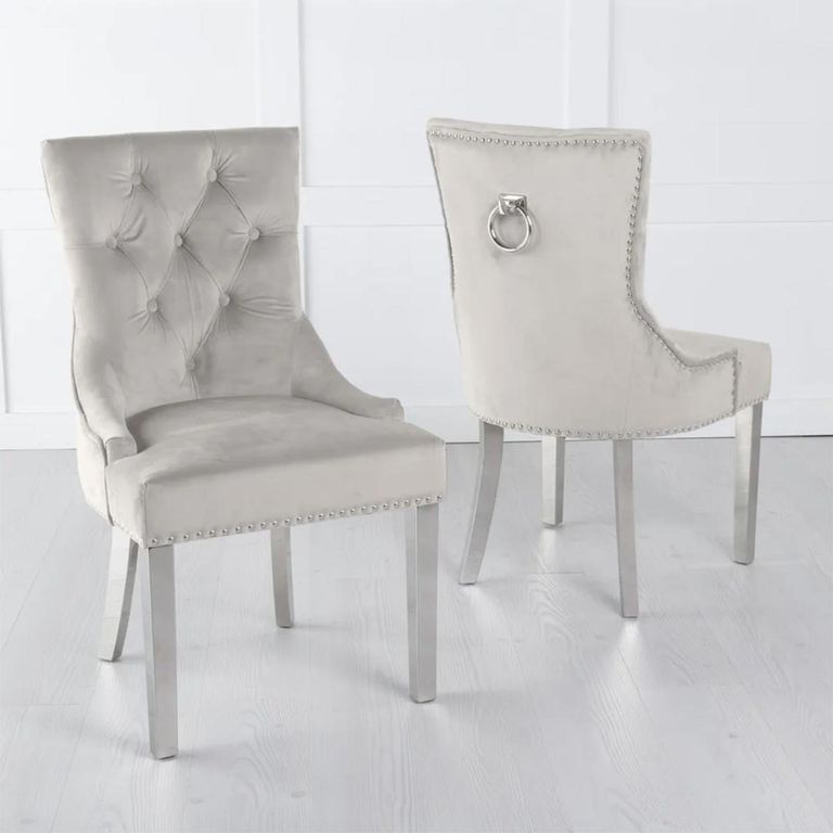 Knocker Back Champagne Dining Chair Velvet Fabric with Chrome Legs