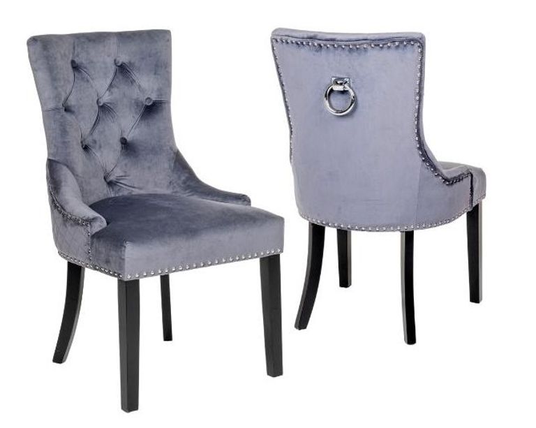 Knocker Back Grey Velvet Fabric Dining Chair with Black Wooden Legs