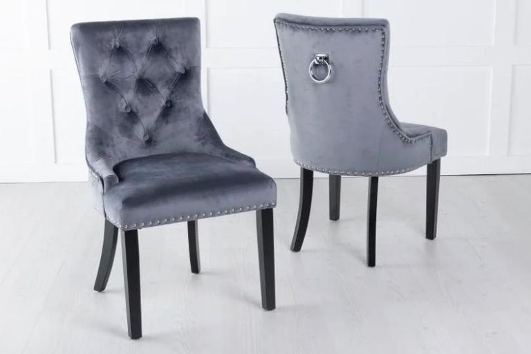 Knocker Back Grey Velvet Fabric Dining Chair with Black Wooden Legs