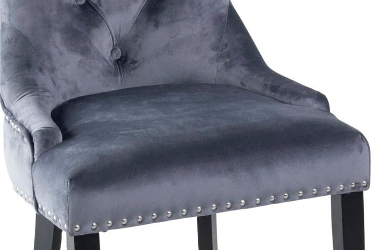 Knocker Back Grey Velvet Fabric Dining Chair with Black Wooden Legs
