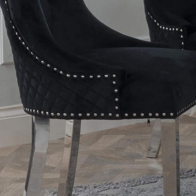Lion Knocker Back Black Velvet Fabric Dining Chair with Chrome Legs