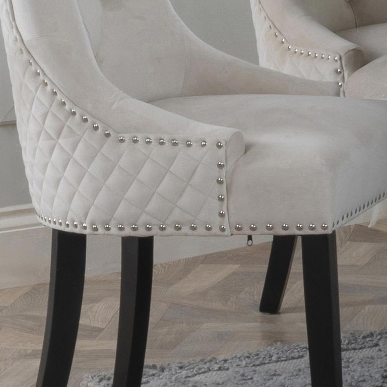 Lion Knocker Back Champagne Velvet Fabric Dining Chair with Black Wooden Legs