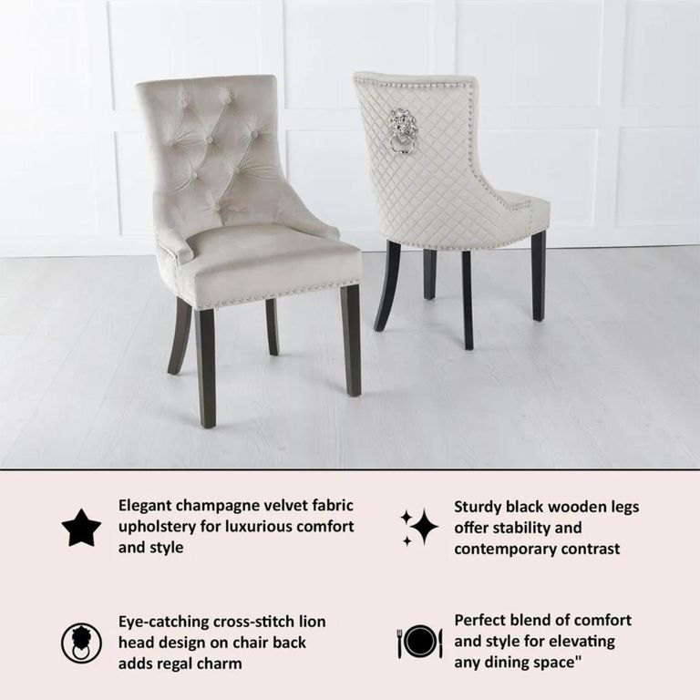 Lion Knocker Back Champagne Velvet Fabric Dining Chair with Black Wooden Legs