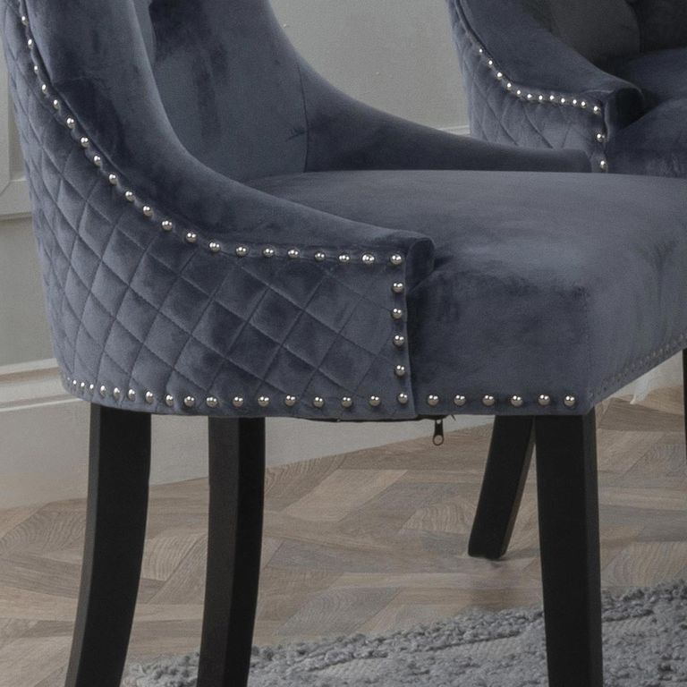 Lion Knocker Back Grey Velvet Fabric Dining Chair with Black Wooden Legs