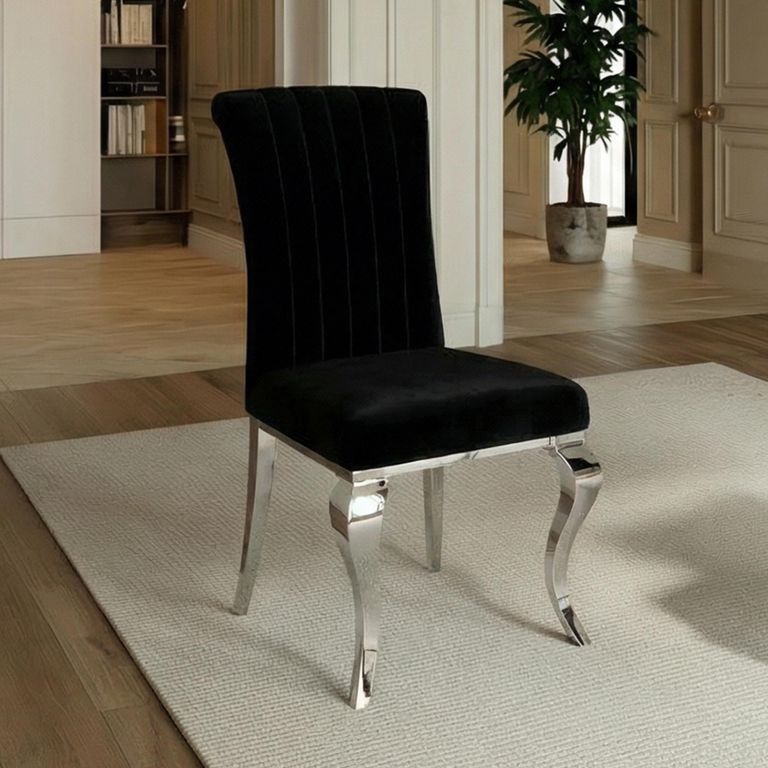 Louis Black Velvet Fabric Dining Chair with Chrome Legs