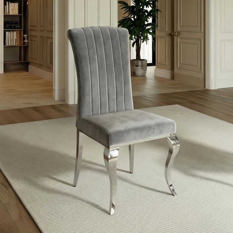 Louis Grey Velvet Fabric Dining Chair with Chrome Legs