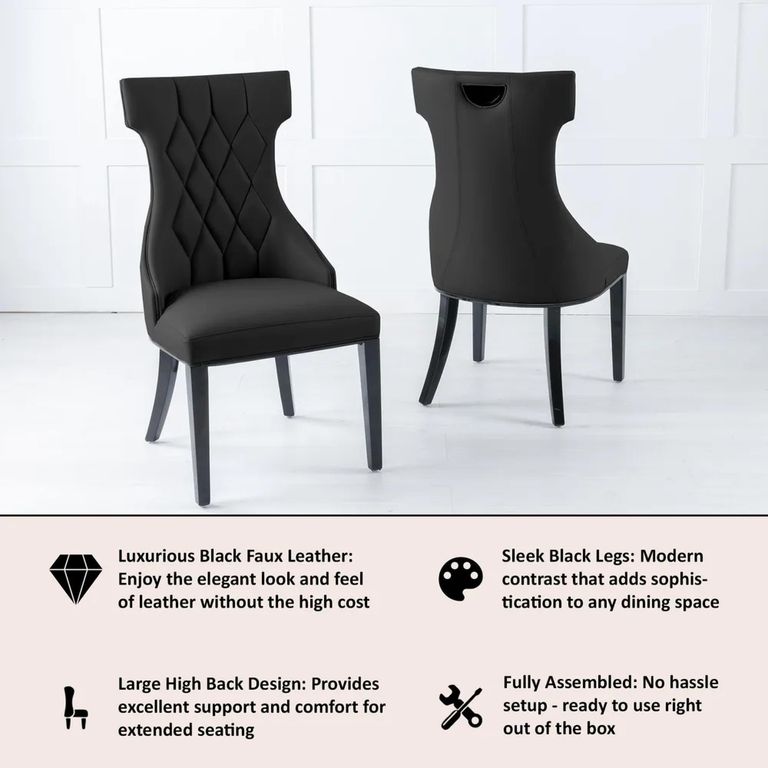 Mimi Black Leather Large High Back Dining Chair with Black Legs