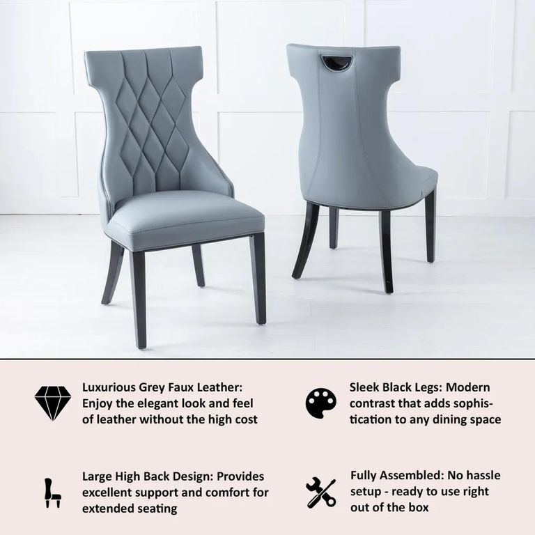 Mimi Grey Leather Large High Back Dining Chair with Black Legs