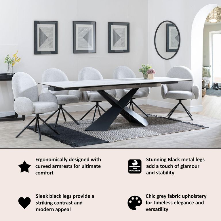 Theo Grey Fabric Swivel Dining Armchair with Black Legs