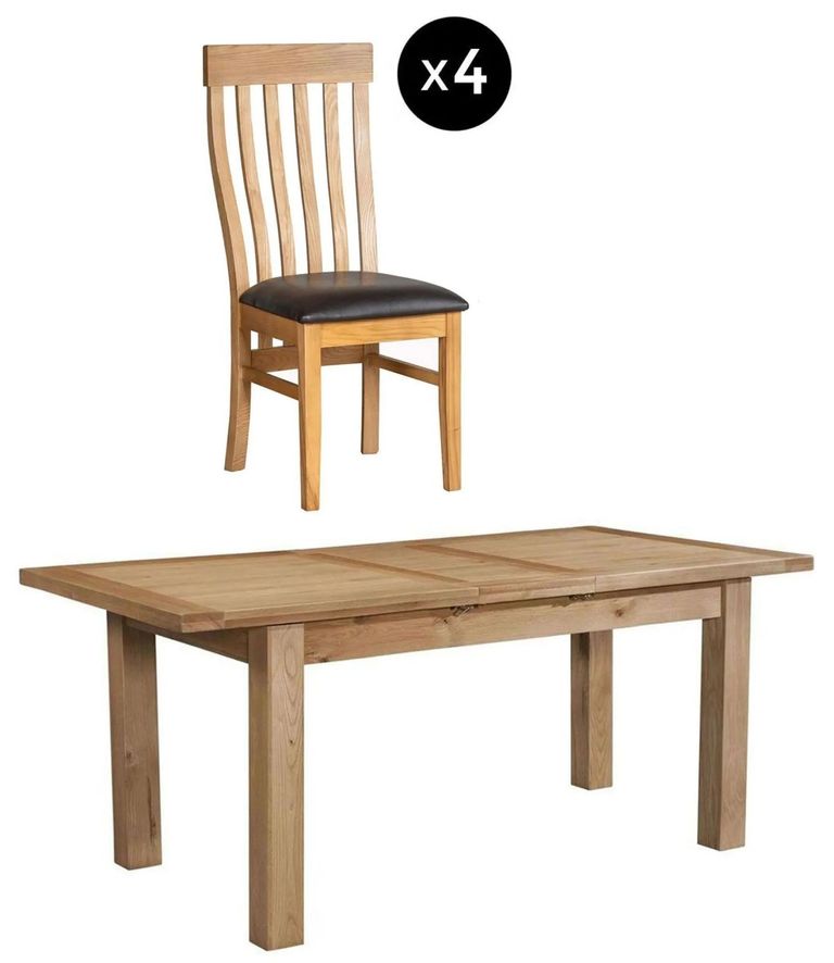 Appleby Extending Dining Set - 4 Seater - 120cm-153cm - Oak - with 4 Toulouse Chairs - Black Faux Leather Seat Pad