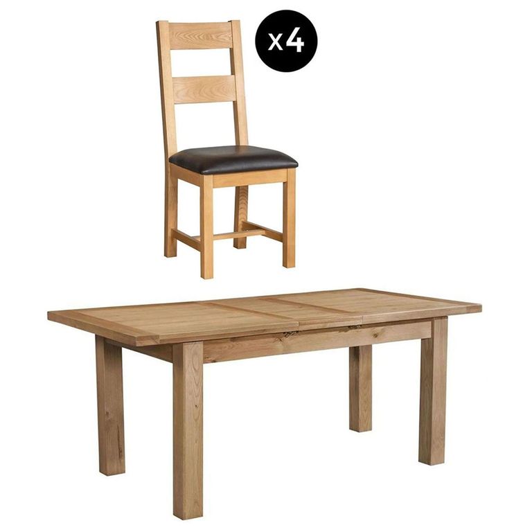 Appleby Extending Dining Set - 4 Seater - 120cm-153cm - Oak - with 4 Ladder Back Chairs - Black Faux Leather Seat Pad