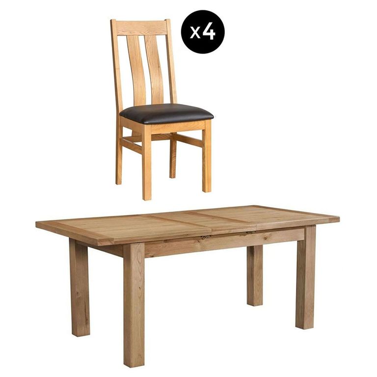 Appleby Extending Dining Set - 4 Seater - 120cm-153cm - Oak - with 4 Arizona Slatted Chairs - Black Faux Leather Seat Pad