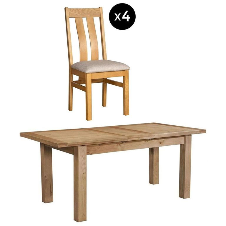 Appleby Extending Dining Set - 4 Seater - 120cm-153cm - Oak - with 4 Arizona Slatted Chairs - Beige Fabric Seat Pad
