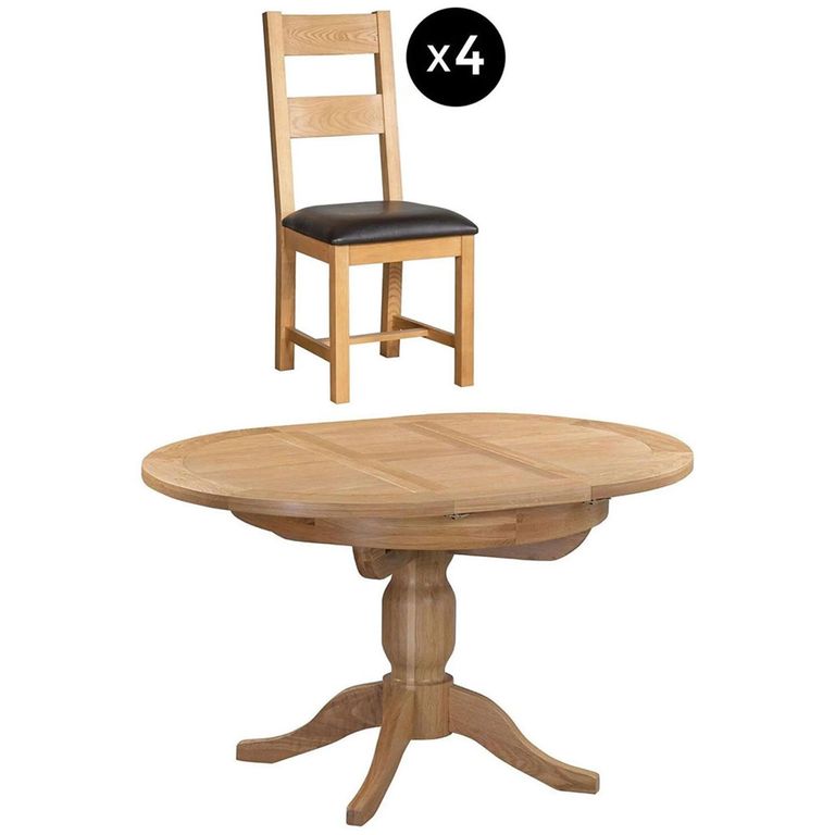 Appleby Extending Dining Set - 2-4 Seater - 100cm-140cm - Oak - with 4 Ladder Back Chairs - Black Faux Leather Seat Pad