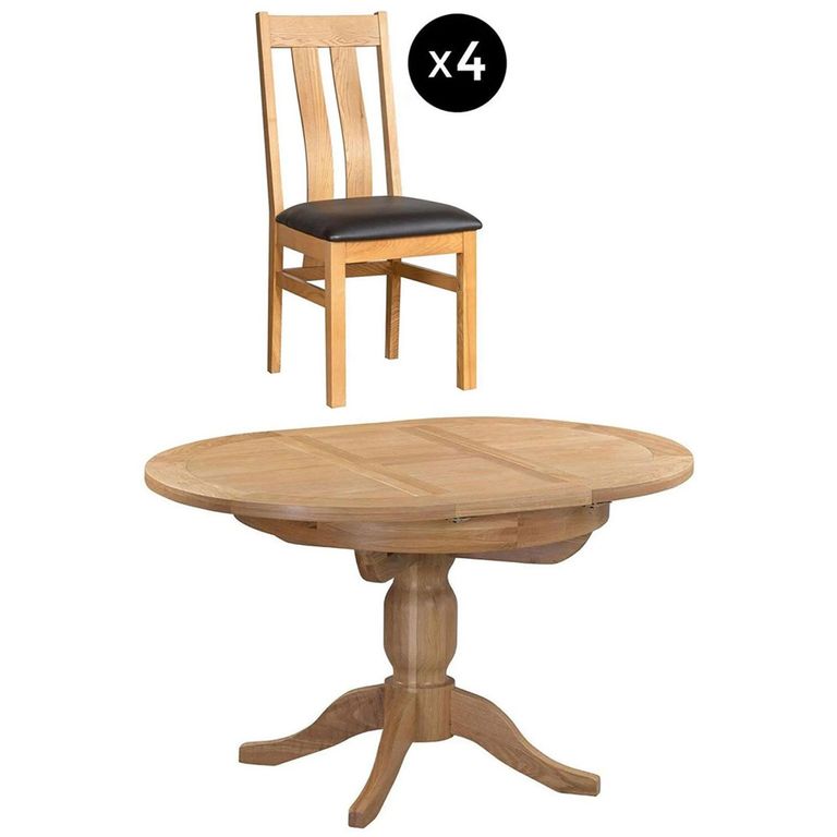 Appleby Extending Dining Set - 2-4 Seater - 100cm-140cm - Oak - with 4 Arizona Slatted Chairs - Black Faux Leather Seat Pad
