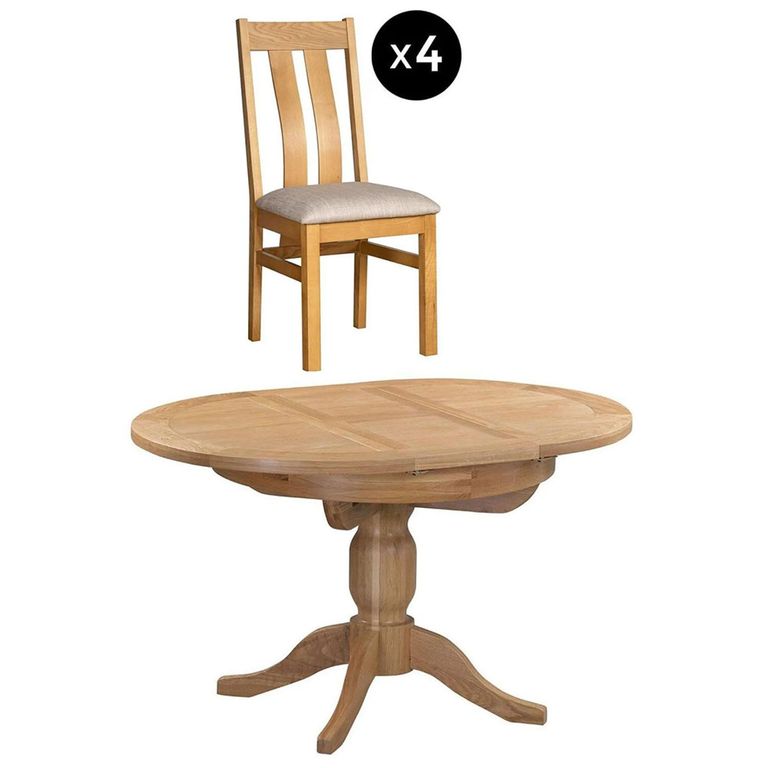 Appleby Extending Dining Set - 2-4 Seater - 100cm-140cm - Oak - with 4 Arizona Slatted Chairs - Beige Fabric Seat Pad