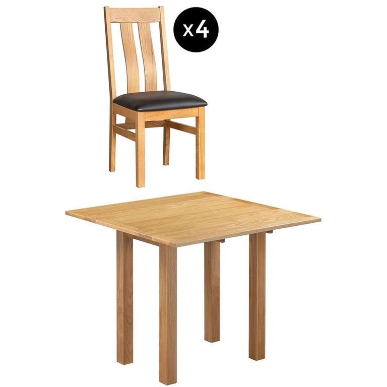Appleby Square Drop Leaf Dining Set - 4 Seater - 90cm - Oak - with 4 Arizona Slatted Chairs - Black Faux Leather Seat Pad