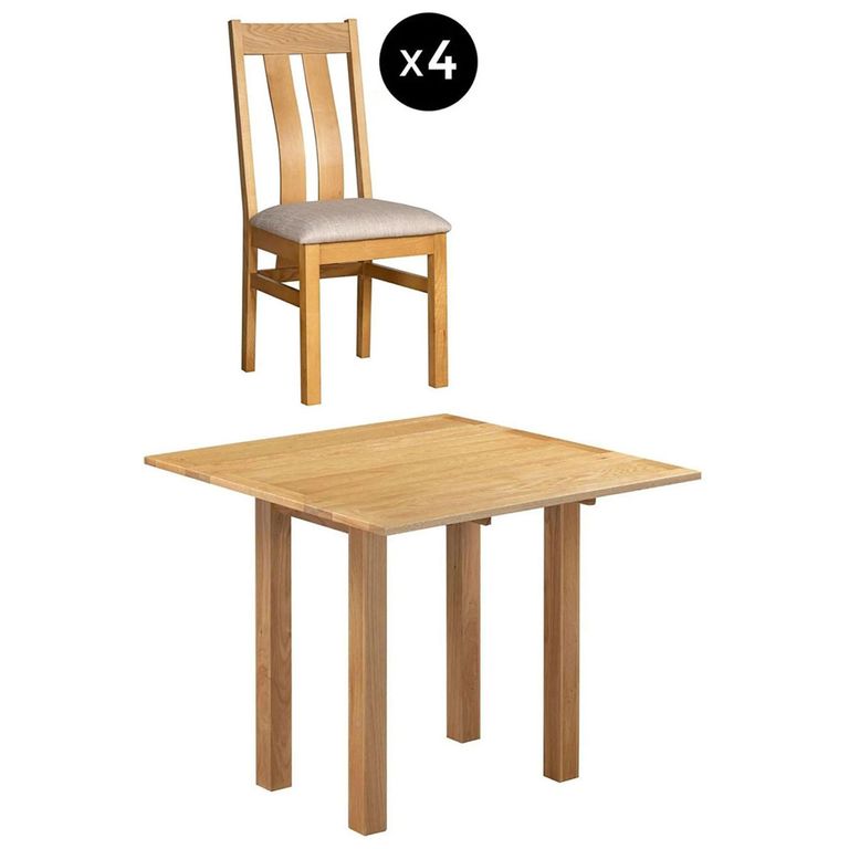 Appleby Square Drop Leaf Dining Set - 4 Seater - 90cm - Oak - with 4 Arizona Slatted Chairs - Beige Fabric Seat Pad