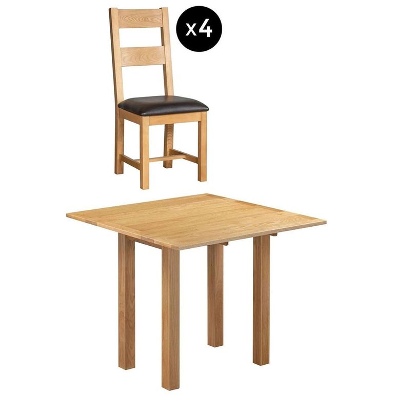 Appleby Square Drop Leaf Dining Set - 4 Seater - 90cm - Oak - with 4 Ladder Back Chairs - Black Faux Leather Seat Pad