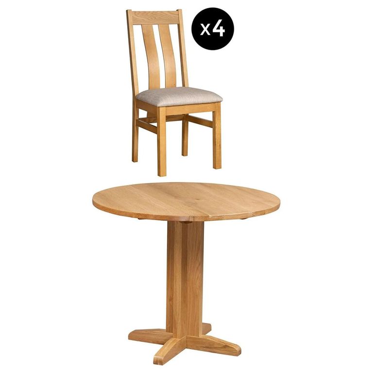 Appleby Round Drop Leaf Dining Set - 4 Seater - 30cm-90cm - Oak - with 4 Arizona Slatted Chairs - Beige Fabric Seat Pad