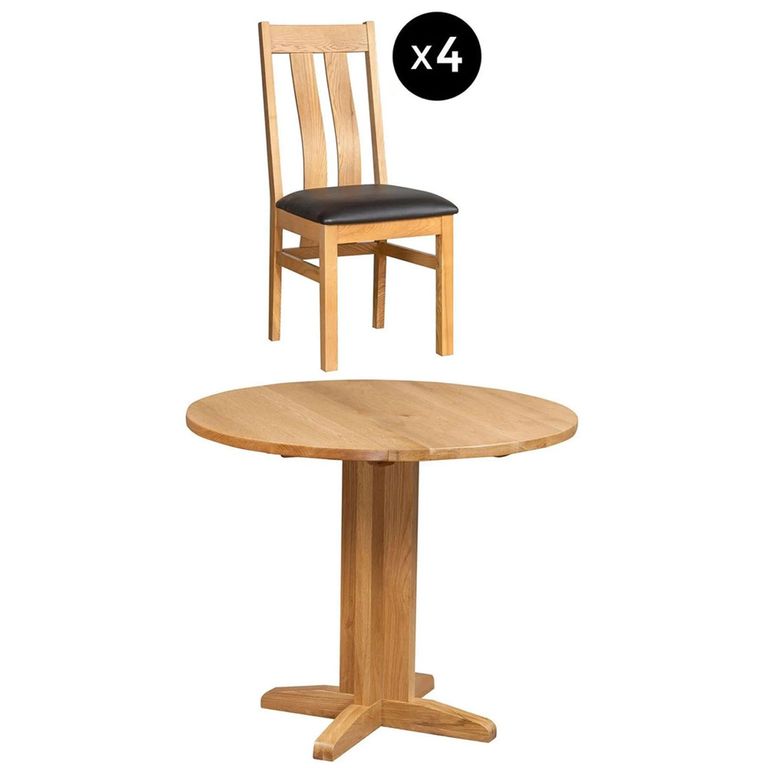 Appleby Round Drop Leaf Dining Set - 4 Seater - 30cm-90cm - Oak - with 4 Arizona Slatted Chairs - Black Faux Leather Seat Pad