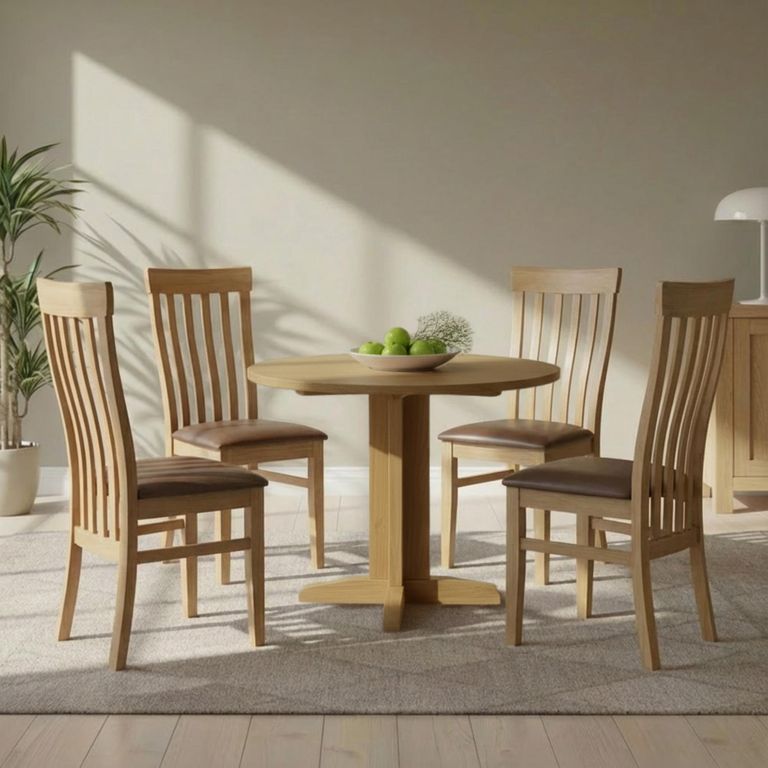 Appleby Round Drop Leaf Dining Set - 4 Seater - 30cm-90cm - Oak - with 4 Toulouse Chairs - Black Faux Leather Seat Pad