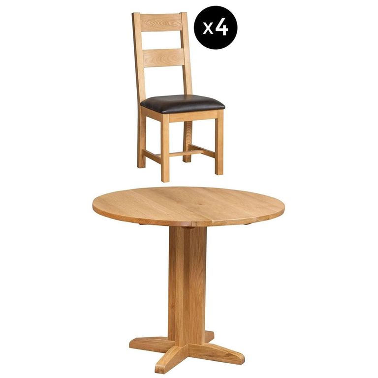 Appleby Round Drop Leaf Dining Set - 4 Seater - 30cm-90cm - Oak - with 4 Ladder Back Chairs - Black Faux Leather Seat Pad